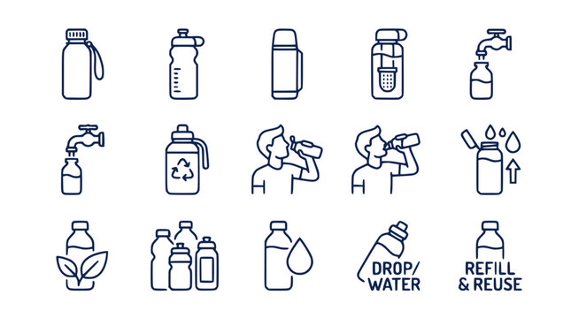 Reusable Water Bottle Icons: Hydration, Refill, Reuse, Eco-Friendly