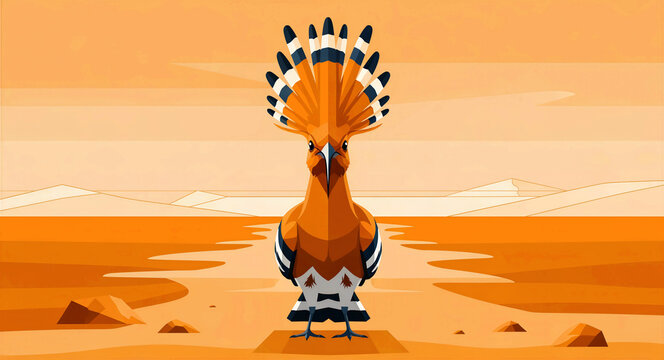 Hoopoe bird illustration with its crest extended in a desert landscape. This wildlife artwork features geometric shapes and warm orange tones. Nature concept for birdwatching and environmental media.