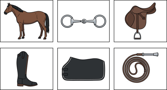 Equestrian Horse Riding Equipment Set with Horse Bit Saddle Boot Blanket Whip and Stable Gear Clipart Vector