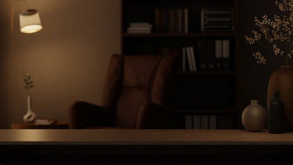 Flower vase on wooden counter table across brown sofa armchair beside lamp and bookshelf in dim room © bongkarn