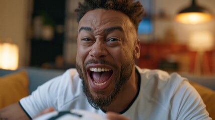 Obraz premium Excited african american man watching soccer game at home.
