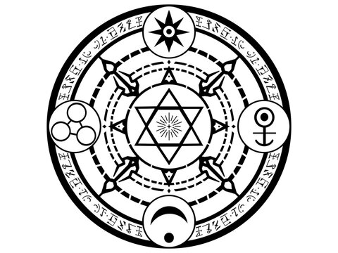 神秘的な六芒星の魔法陣イラスト（白背景・ファンタジー・オカルト・線画）：Mystical hexagram magic circle illustration on white background. Fantasy occult witchcraft line art.