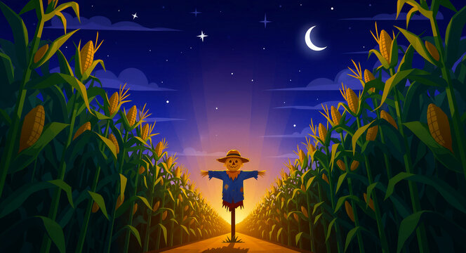 Scarecrow standing in a cornfield at night under a starry sky. The scene features rows of ripe corn stalks illuminated by a crescent moon. Autumn harvest concept for farm-themed marketing.