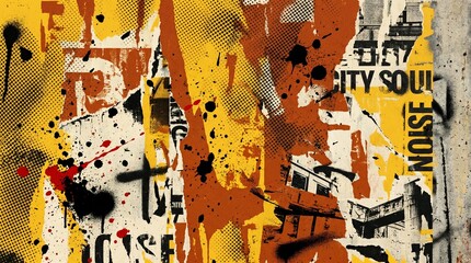 Fototapeta premium Abstract Urban Street Art Collage with Torn Posters, Paint Drips, and Grunge Halftone Textures
