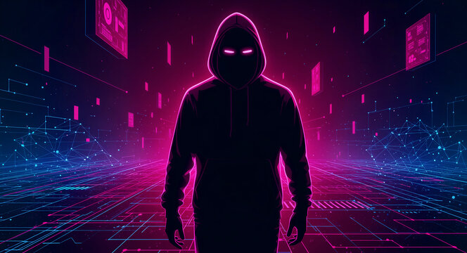 Mysterious hooded hacker standing in a neon digital landscape. Dark figure with glowing eyes in a synthwave cyber space. Cyber security concept for technology crime and gaming marketing.