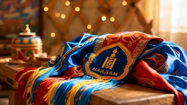 mongolian. Mongolian Naadam festival silk scarf ornament with fairy lights. representing cultural heritage and milestone achievements.