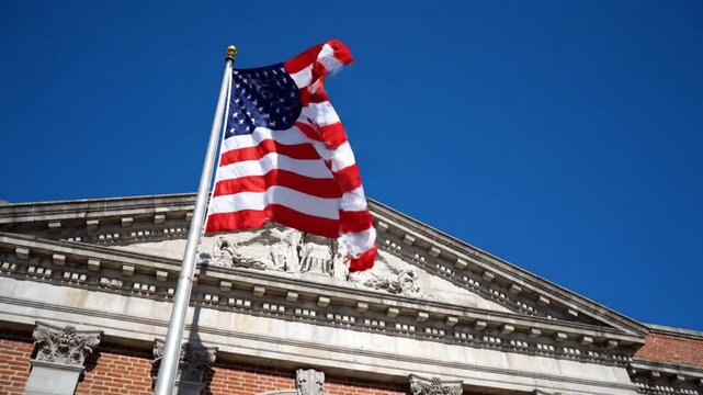 American Flag Waving in Front of Classic Government Building