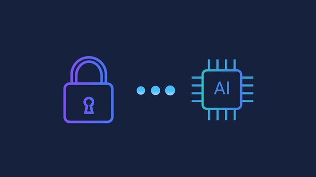 Animated motion graphics showing a security padlock icon connecting to an AI processor chip via pulsing dots. Concept of hardware encryption, AI safety, and machine learning data protection.