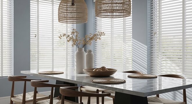Modern dining room interior featuring stylish faux wood blinds on large windows with natural lighting and elegant minimalist decor for home design