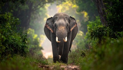 Obraz premium Majestic elephant strolling through lush green forest with sunlight