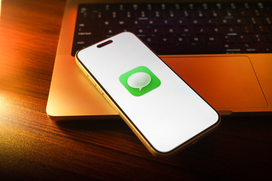 iMessage app logo is displayed on a smartphone screen in Bangalore, India, on May 15, 2026
