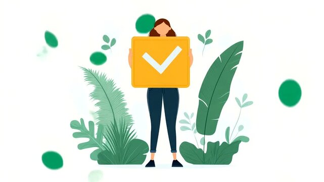 Woman holding a checkmark sign surrounded by lush greenery