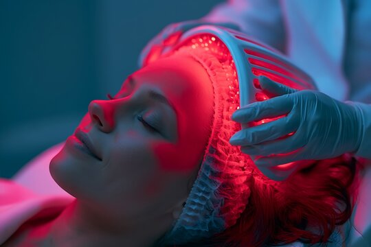 laser hair therapy session in modern clinic, red light scalp treatment,