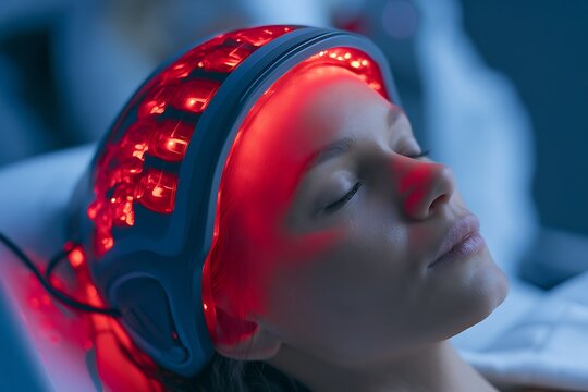 laser hair therapy session in modern clinic, red light scalp treatment,