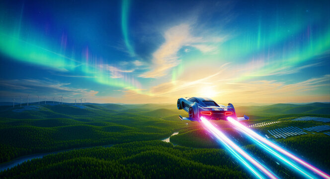 Futuristic flying car soaring over green hills at sunset. Vehicle glides past wind turbines and solar panels under aurora. Sustainable future tech concept for green energy and transport.
