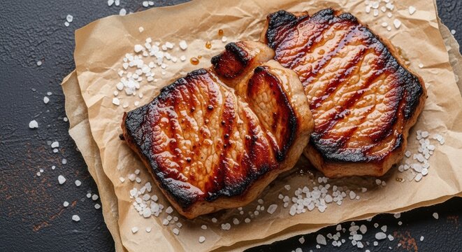 Grilled pork steaks on parchment paper with sea salt
