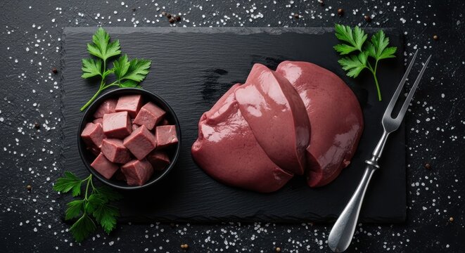 Raw beef liver on a black stone board with parsley and a meat fork