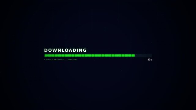 Digital screen showing a downloading progress bar, dark background with a sleek, modern interface and vibrant green progress indicator