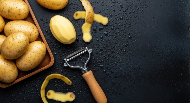 Fresh raw potatoes with a vegetable peeler on a dark wet background