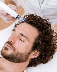 Naklejka premium man receiving scalp microneedling treatment for hair growth, modern clinic procedure, medical beauty concept