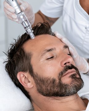 man receiving scalp microneedling treatment for hair growth, modern clinic procedure, medical beauty concept