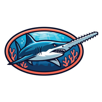 Fierce Sawfish Mascot Logo - Dynamic Underwater Predator in Oval Emblem Vector Illustration