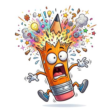 Astonished cartoon pencil character with exploding head mind blown eyes wide white background drawing tool