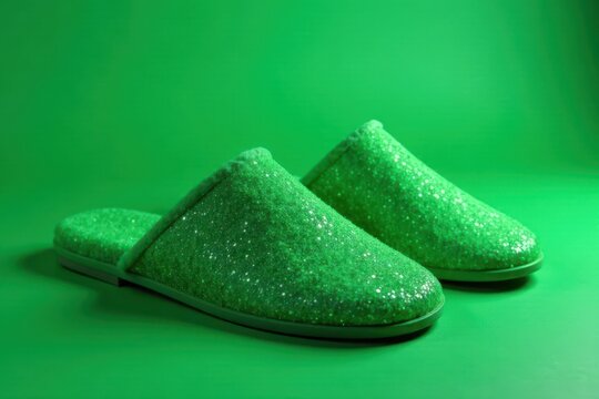 Glittering green slippers on emerald green background, elegant, green shoes