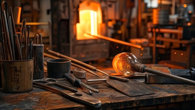 glassblowing. Glassblowing tools arranged on wooden workbench with orange glow and shallow depth of field. safety posters.
