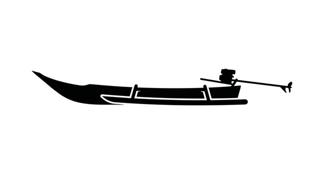 Silhouette of a traditional outrigger canoe with outboard motor.
