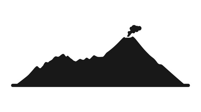 Volcano silhouette emitting smoke against a white background.