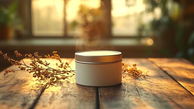 White container on a wooden table surrounded by plants at sunset