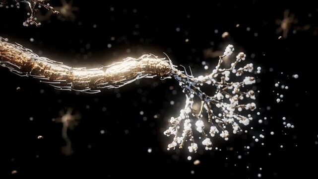 Conceptual 3D animation of a neuron with floating molecules