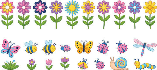 Cute Garden Flower and Insect Vector Clip Art Set with Happy Kawaii Butterfly Bee Snail Caterpillar and Ladybug for Kids Nursery and Kindergarten Designs © MdSaddam