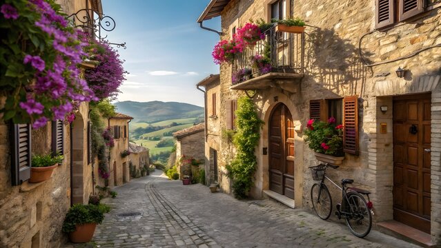 Charming narrow cobblestone street with flowering vines in quaint European village at sunset
