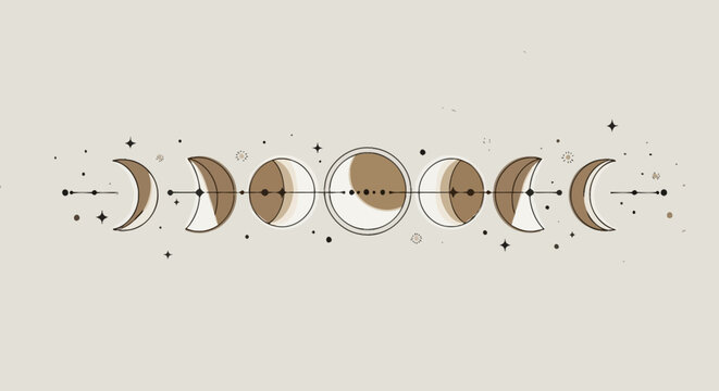 Minimalist celestial moon phases with stars and geometric lines