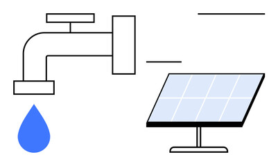 Renewable energy, sustainable living, water conservation, eco-friendly technology, green energy, resource management. Minimal faucet with water droplet and solar panel. Renewable energy and water © robu_s