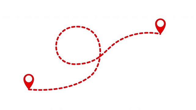 Red Two Location Point Connection with Lines. Travel path animation connecting two map markers with dashed. 4k animated