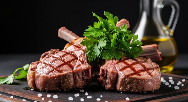 Grilled lamb chops with fresh parsley and olive oil on a wooden board