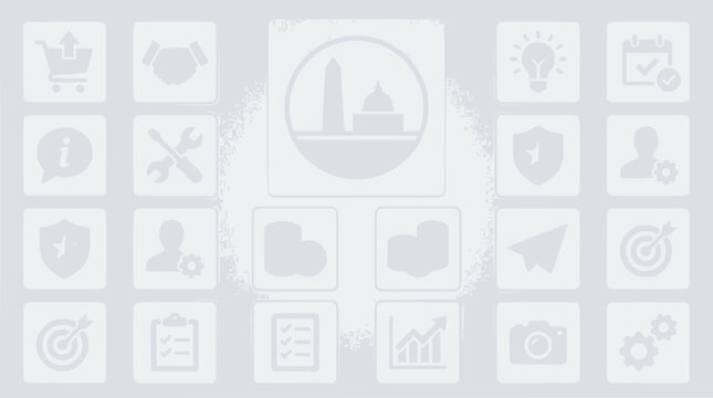 Set of business and technology icons with Washington DC landmark silhouette