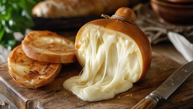 scamorza. Half-cut cheese with melting strings on a rustic wooden table. menu design, packaging mockups, designed for culinary blogs and recipe cards for restaurants, simplifies recipe learning.
