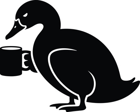 black, silhouette, duck, bird, coffee, mug, cup, animal, white background, monochrome, slouching, holding Black silhouette of a duck holding a coffee mug bird