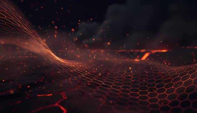 Abstract digital hexagonal grid over glowing lava landscape