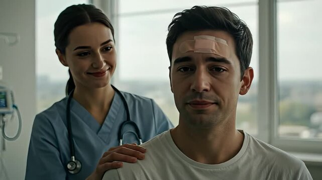 Nurse comforting a patient with a bandage on his forehead in a hospital setting.