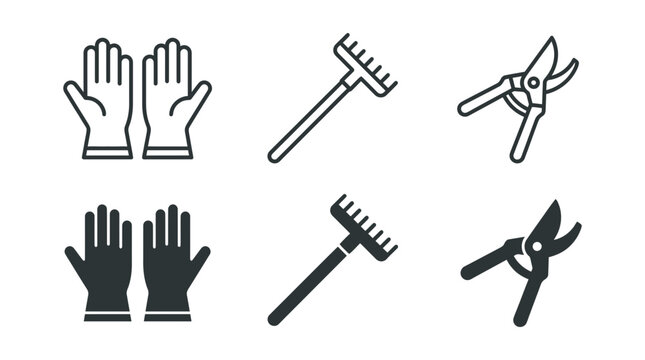 Gardening tools icons: gloves rake pruning shears with gardening protection scissors horticulture activity