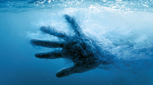 Dark shadowy hand reaching up from underwater depths toward surface, horror supernatural drowning concept