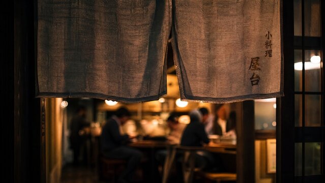 noren. View through lifted noren curtain revealing warm glow and silhouettes inside restaurant. real-estate listings.