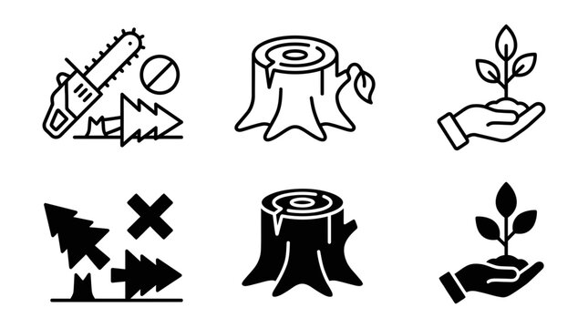 Forestry icons: chainsaw tree stump sapling deforestation and reforestation with chainsaw seedling abstract