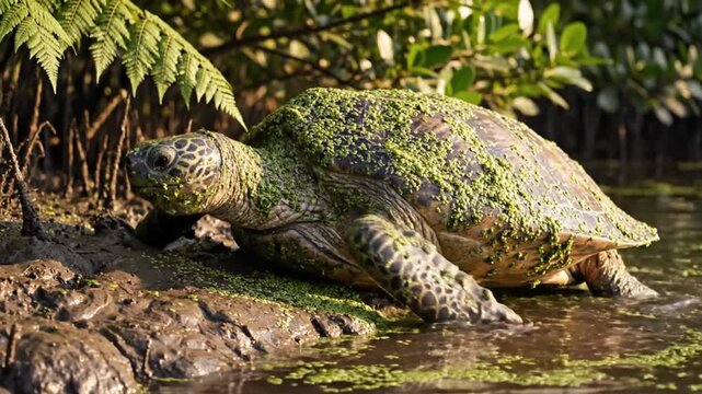 Large sea turtle with algae covered shell crawls out of the water onto muddy bank in its natural habitat