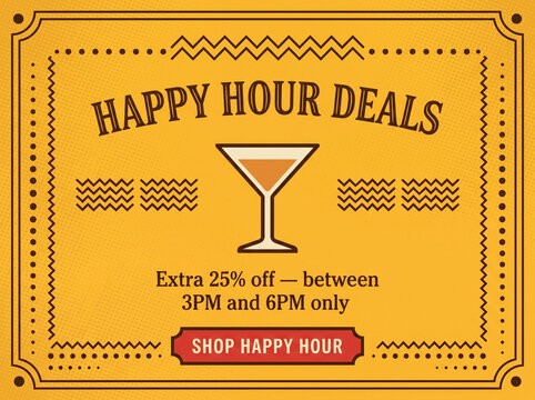 Retro yellow happy hour deals discount advertisement banner design template
